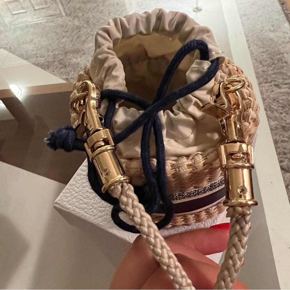 Dior Straw Bucket Crossbody Bag with Navy Logo Band and Gold Hardware - Picture 6 of 10
